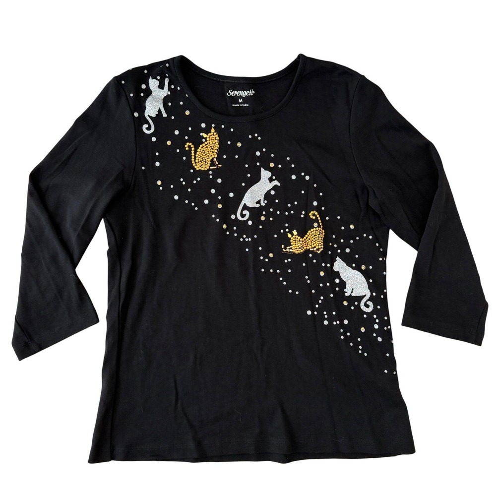 Serengeti Black Cotton Cat Shirt Embellished Halloween Teacher Top Size M